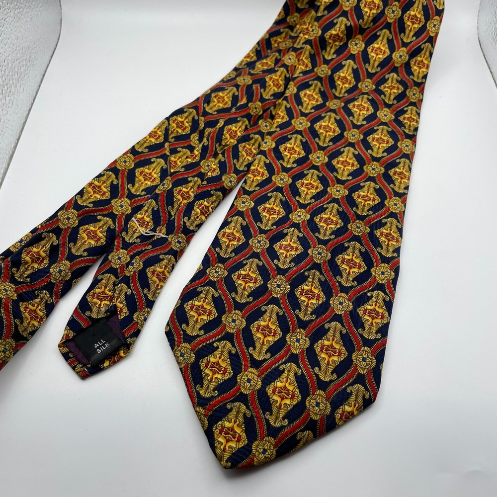 Aquascutum of London Mens Silk Tie Navy Blue Gold Red Baroque Medallion Print